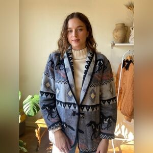 FLASHBACK Vintage Tapestry Western Equestrian Horses Patchwork Jacket Blazer M/L